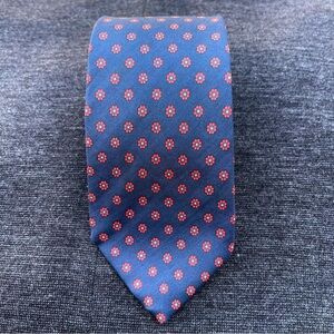 LANDS’ END ~ Classic Navy Neck Tie with Wine Graphic Floral Print ~ 100% Silk